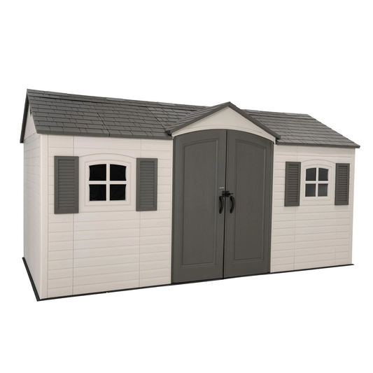 Storage shed with beige walls, gray doors, and roof on a white background