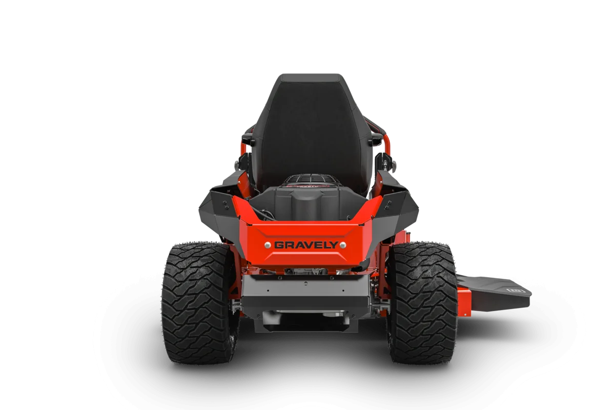 Red and black Gravely zero-turn lawn mower on a white background