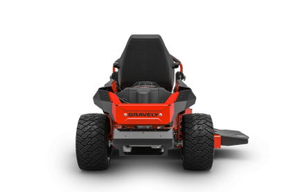 Red and black Gravely zero-turn lawn mower on a white background