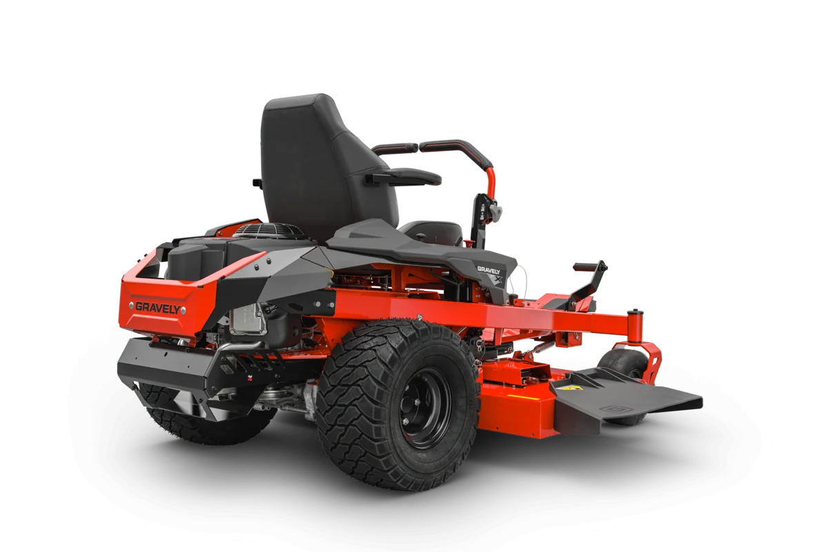 Red and black zero-turn lawn mower on a white background