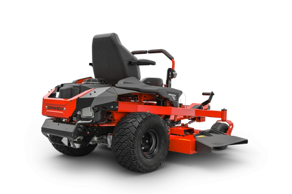 Red and black zero-turn lawn mower on a white background