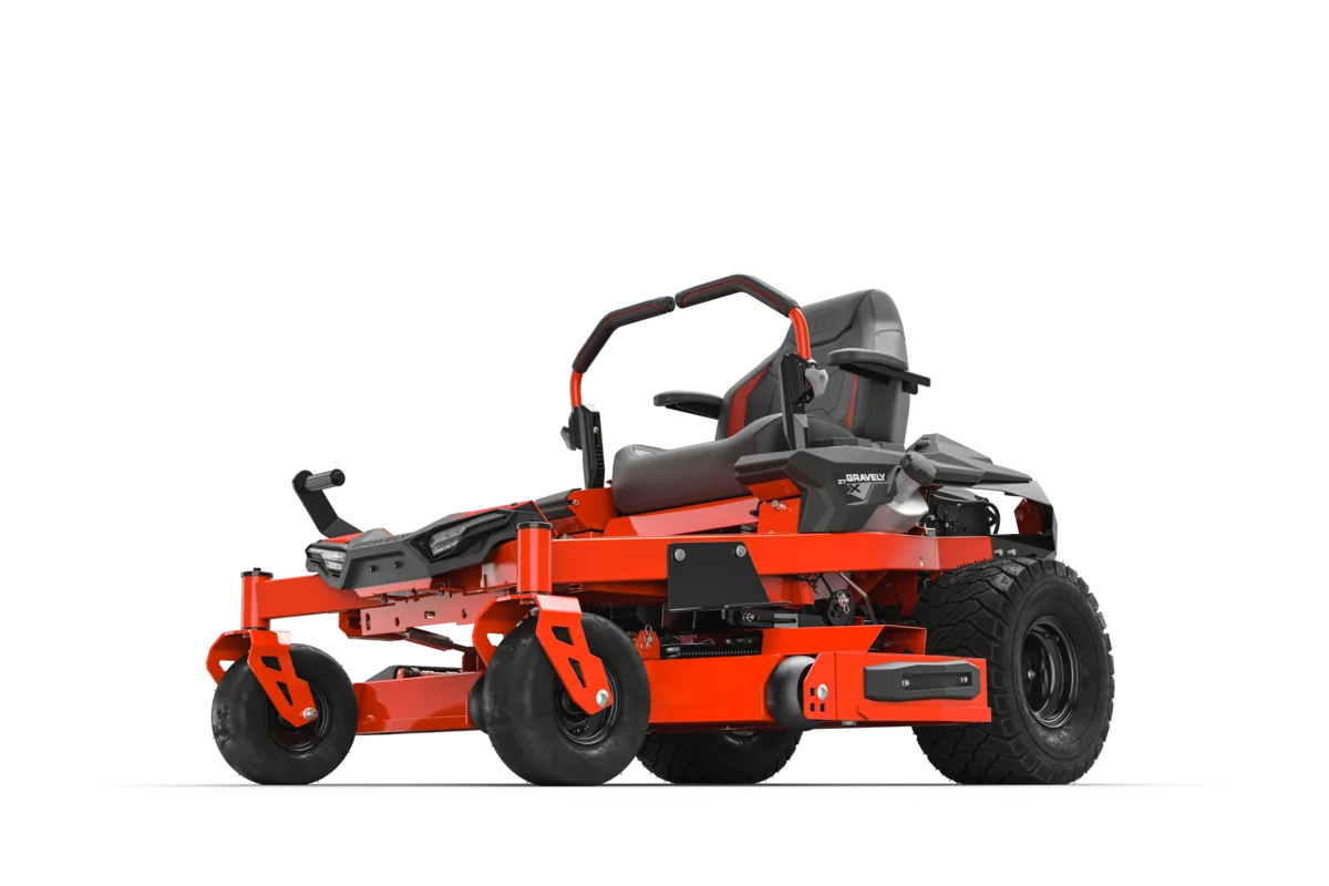 Red and black zero-turn lawn mower on a white background