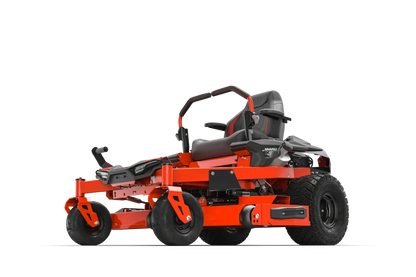 Red and black zero-turn lawn mower on a white background