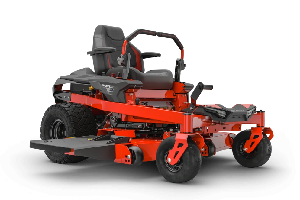 Red and black zero-turn lawn mower on a white background