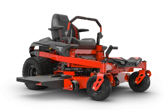 Red and black zero-turn lawn mower on a white background
