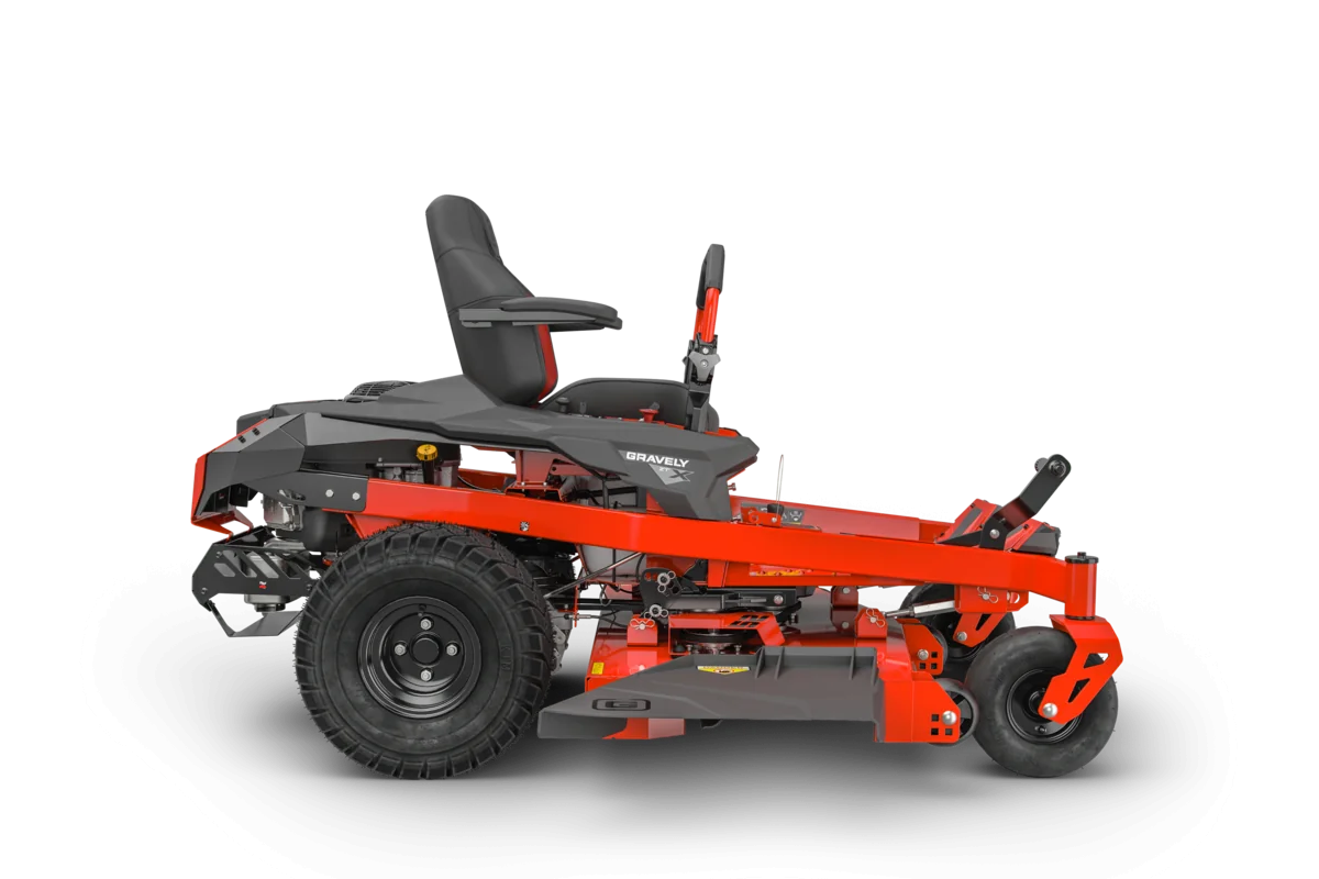 Red and black zero-turn lawn mower on a white background