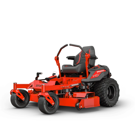 Red and black riding lawn mower on a white background