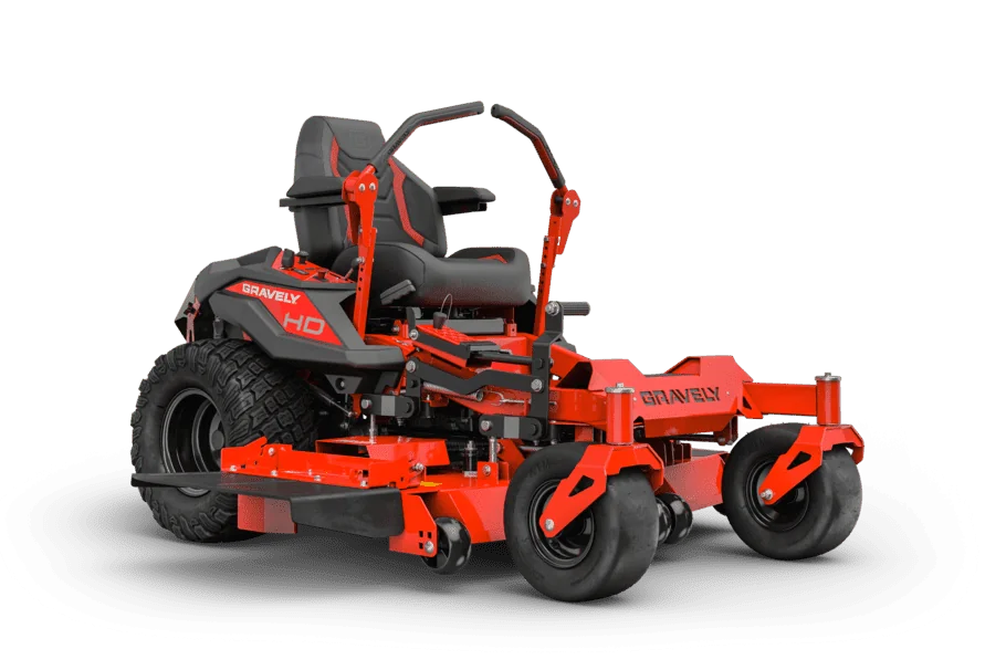 Red and black zero-turn lawn mower on a white background