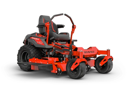 Red and black zero-turn lawn mower on a white background