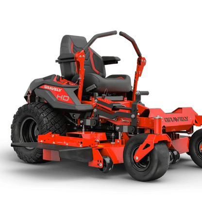 Red and black zero-turn lawn mower on a white background