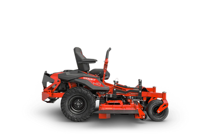 Red and black zero-turn lawn mower on a white background