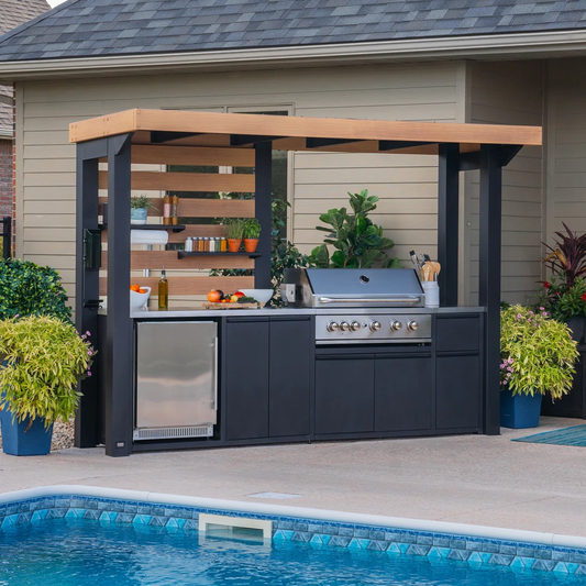 Backyard Discovery Fusion Flame Galvanized Steel Covered Outdoor Kitchen with Stainless Steel Grill and Refrigerator