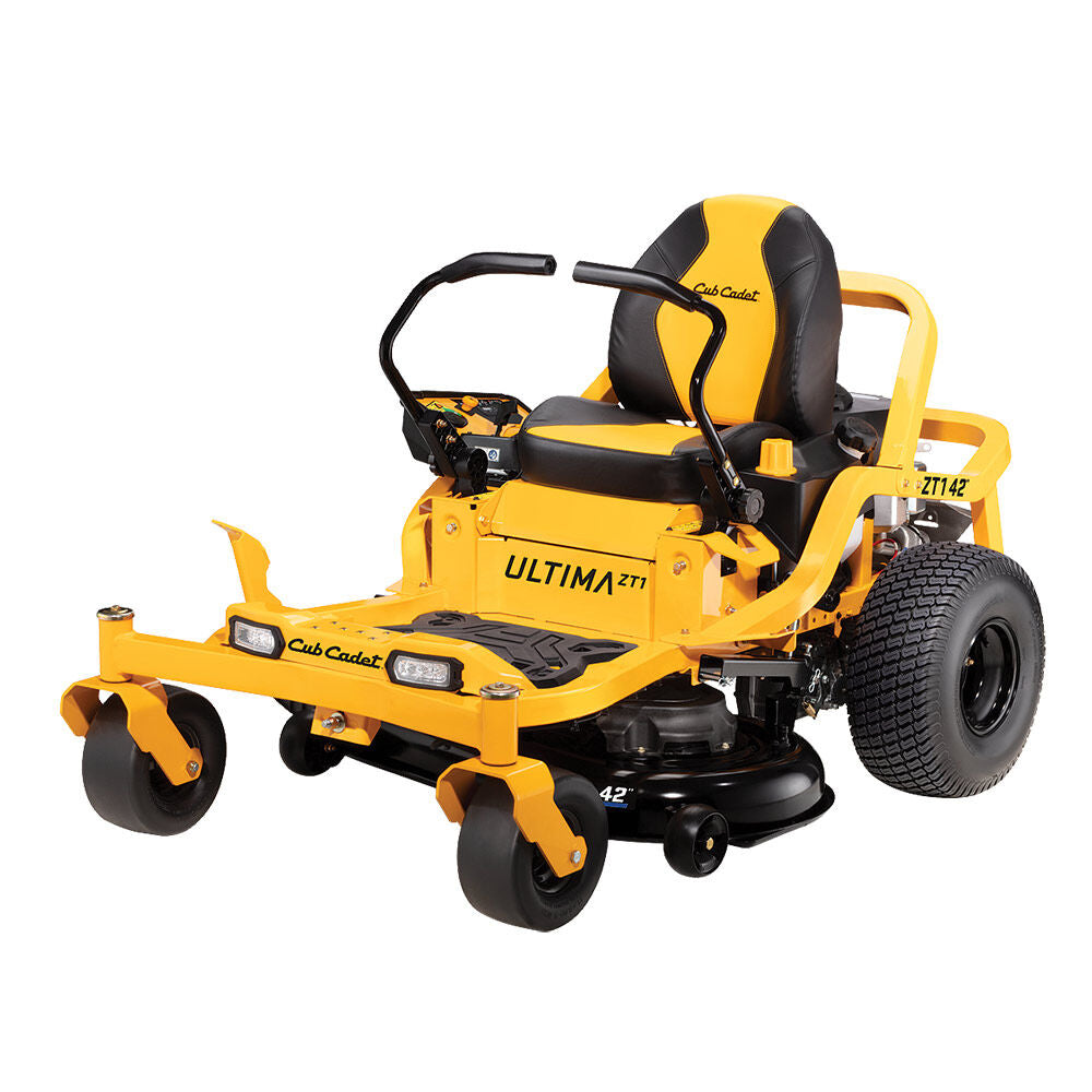 Yellow Cub Cadet zero-turn lawn mower on a white background