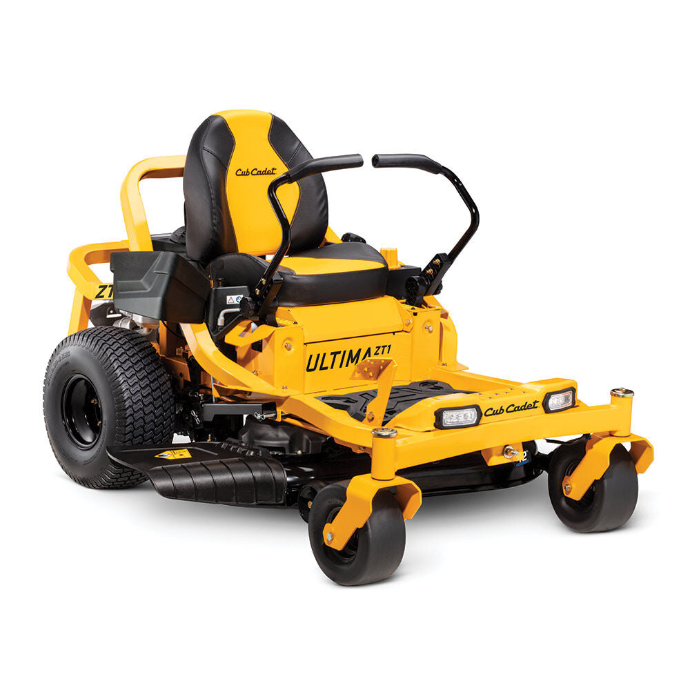 Yellow and black Cub Cadet zero-turn mower on a white background