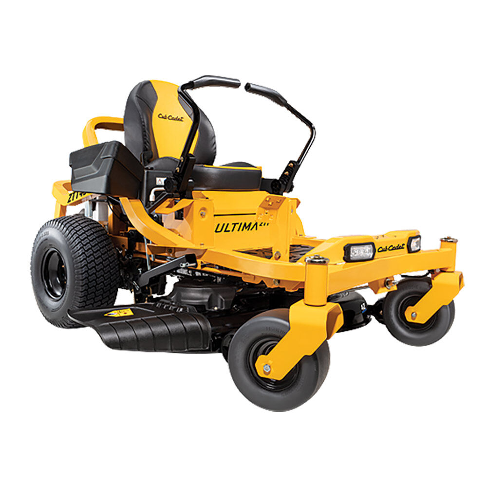 Yellow Cub Cadet zero-turn lawn mower on a white background