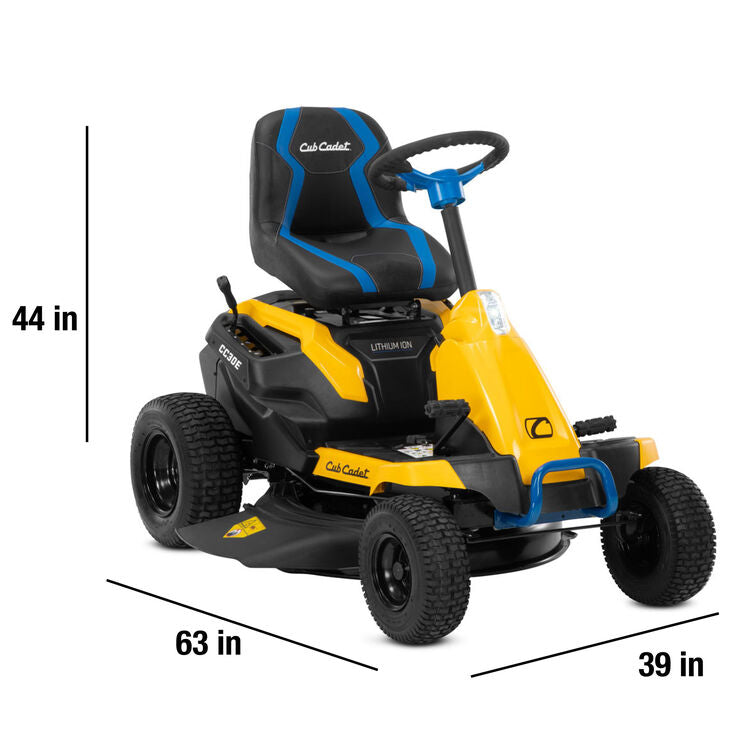 Yellow and black Cub Cadet riding lawn mower with dimensions on a white background