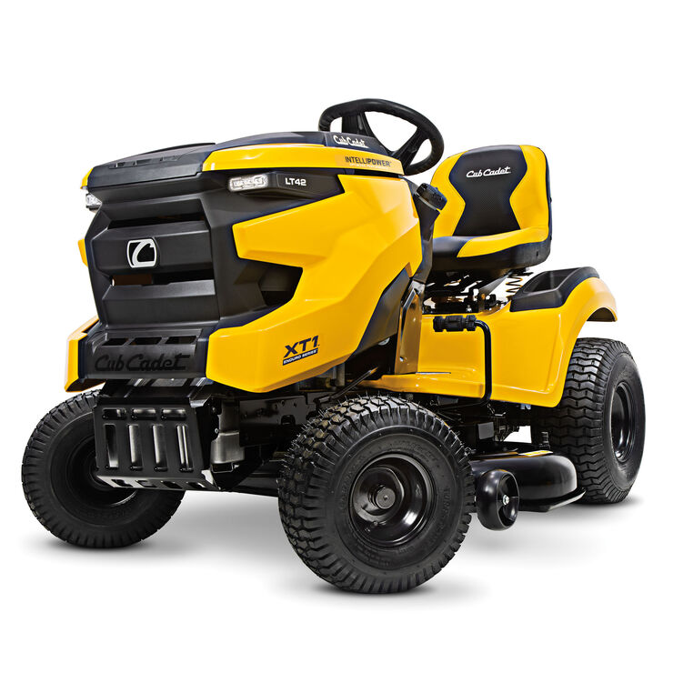Yellow Cub Cadet lawn mower on a white background