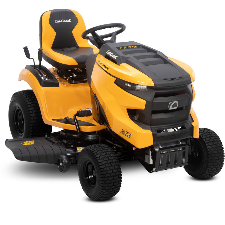 Yellow and black Cub Cadet lawn tractor on a white background