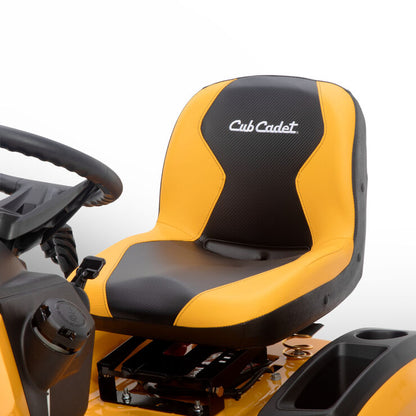 Yellow and black seat with 'Cub Cadet' branding on a white background
