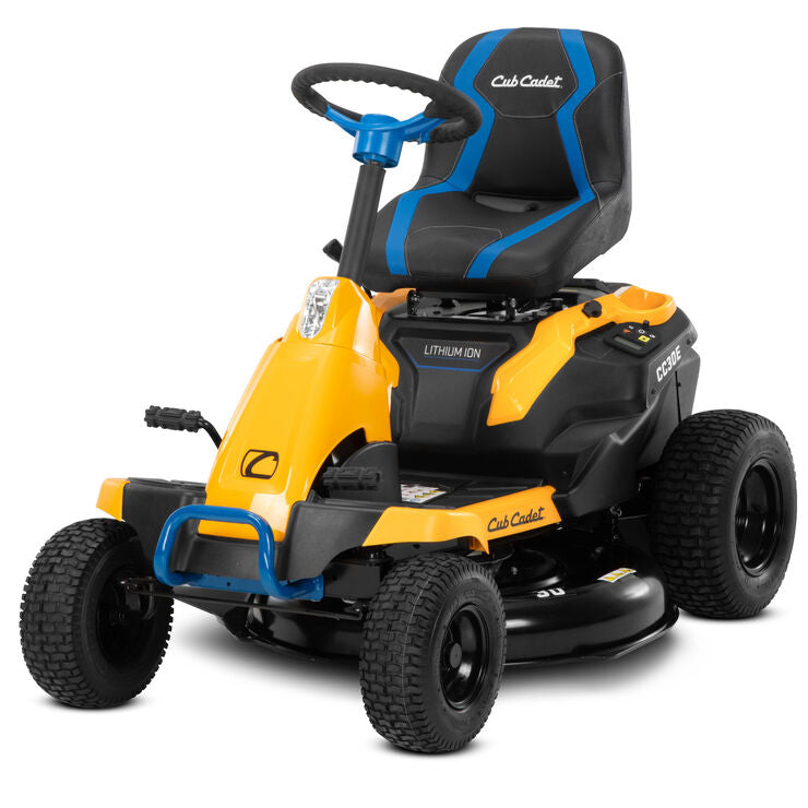 Yellow and black Cub Cadet riding lawn mower on a white background