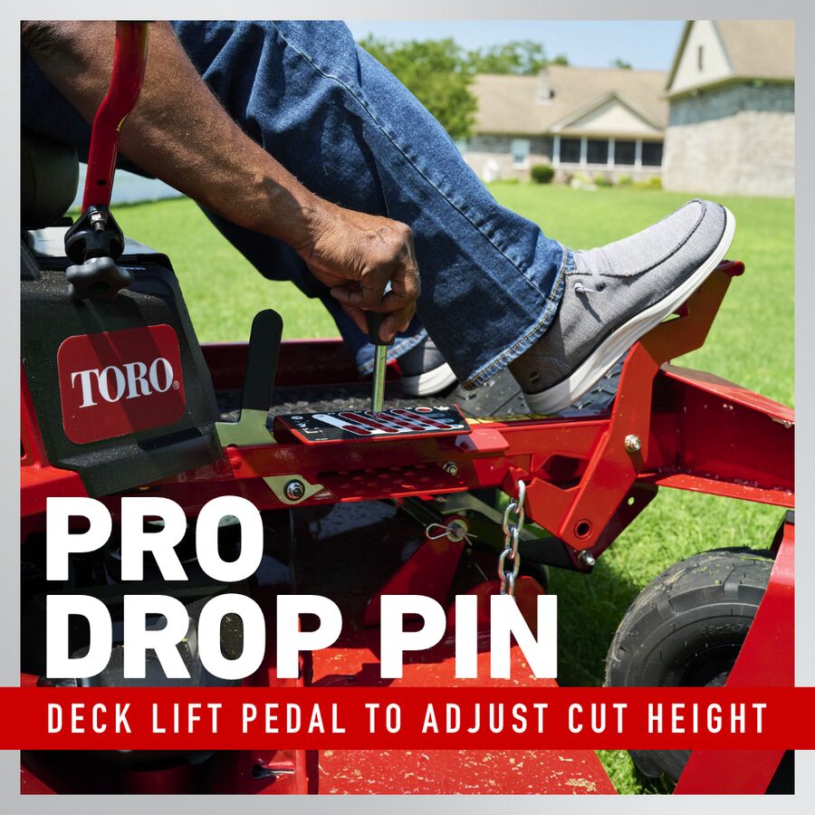 Person using a Toro lawn mower with text highlighting the 'Pro Drop Pin' feature.