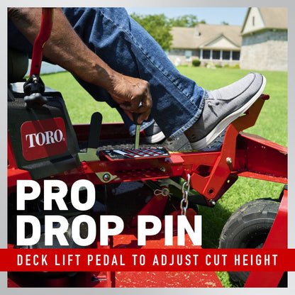 Person using a Toro lawn mower with text highlighting the 'Pro Drop Pin' feature.