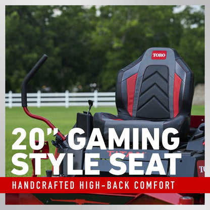 Gaming-style seat on a Toro tractor with text highlighting features