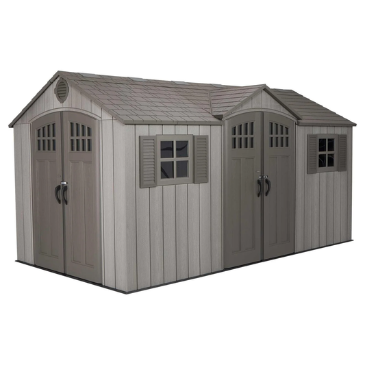 Two-story storage shed with gray doors and windows on a white background