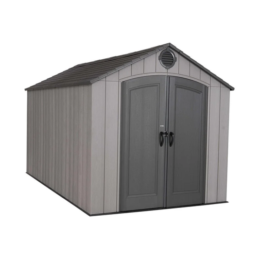 Gray storage shed with double doors on a white background