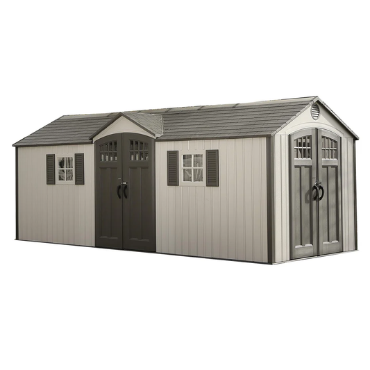 Storage shed with a gray roof and beige walls on a white background