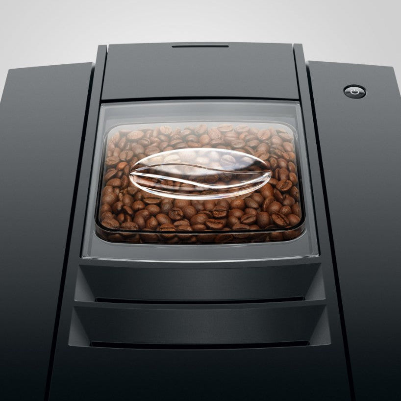 Coffee bean hopper with a brand logo on a gray background