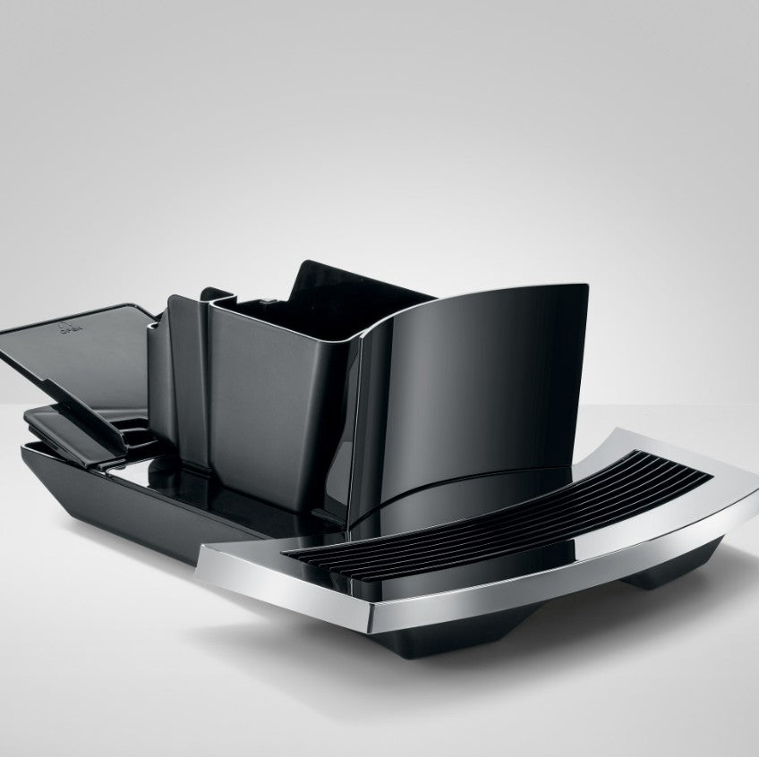 Black and silver kitchen knife block on a white background