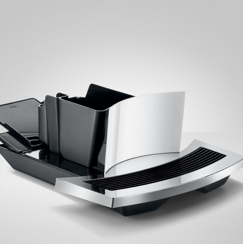 Modern kitchen knife set with black and silver design on a white background