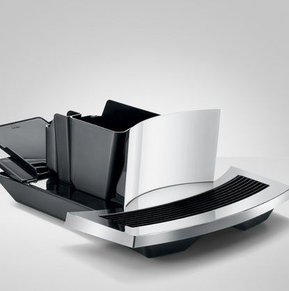 Modern kitchen knife set with black and silver design on a white background