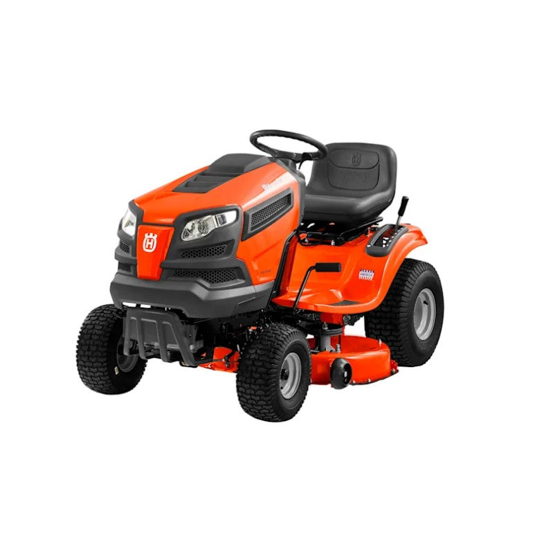 Orange and black lawn mower on a white background