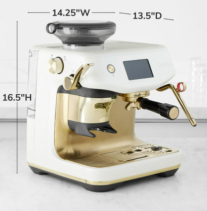 Gold and white espresso machine with dimensions displayed