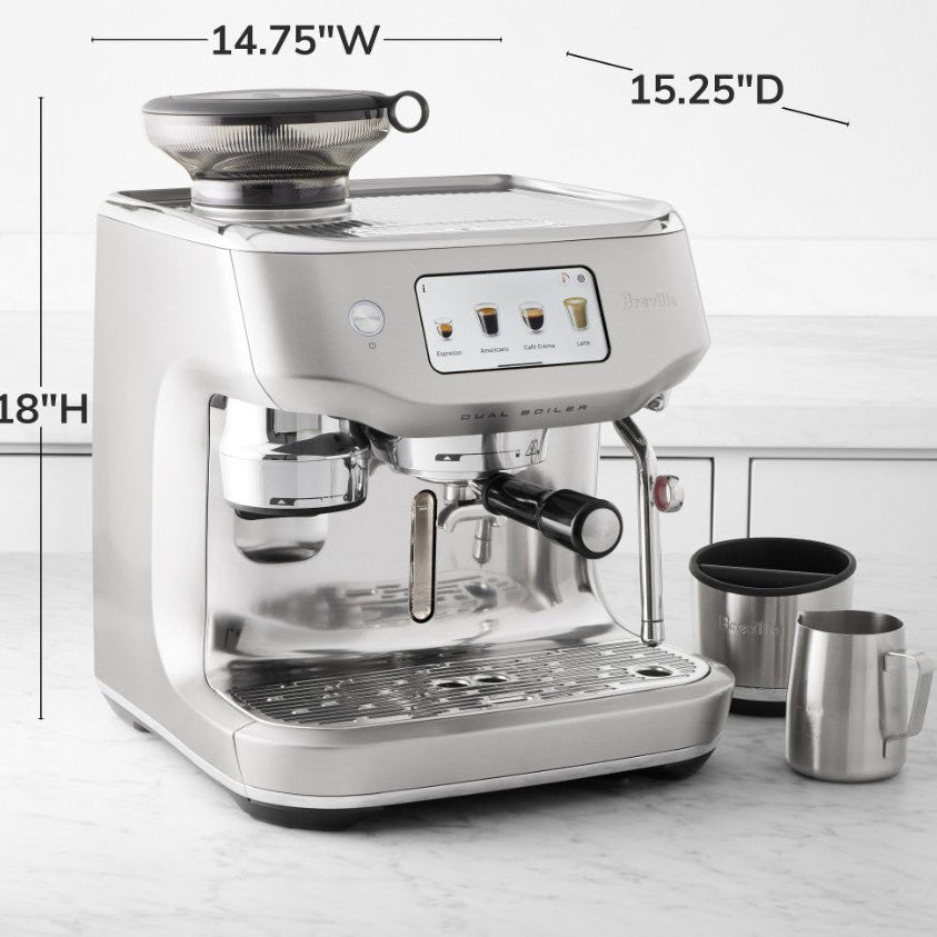 Espresso machine with dimensions labeled on a white background