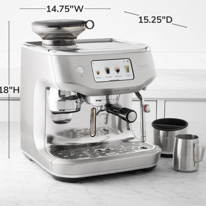 Espresso machine with dimensions labeled on a white background