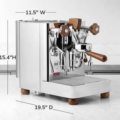 Espresso machine with dimensions labeled on a white background