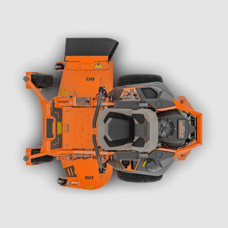 Top-down view of an orange and gray lawn mower on a light gray background