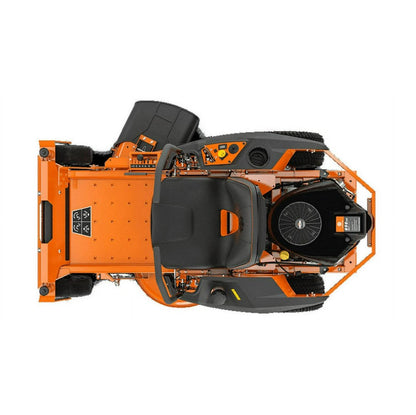 Top-down view of an orange and black lawn mower on a white background
