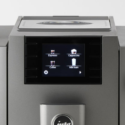 Coffee machine with digital display showing coffee options on a white background