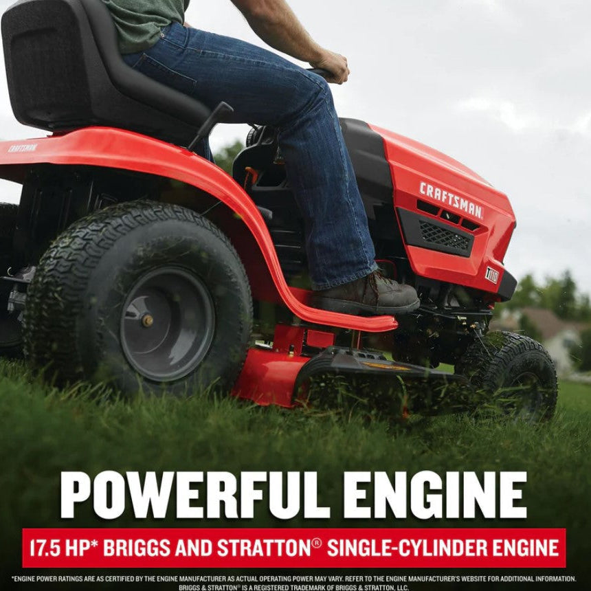 Person operating a red Craftsman riding lawn mower on grass with text highlighting engine power.