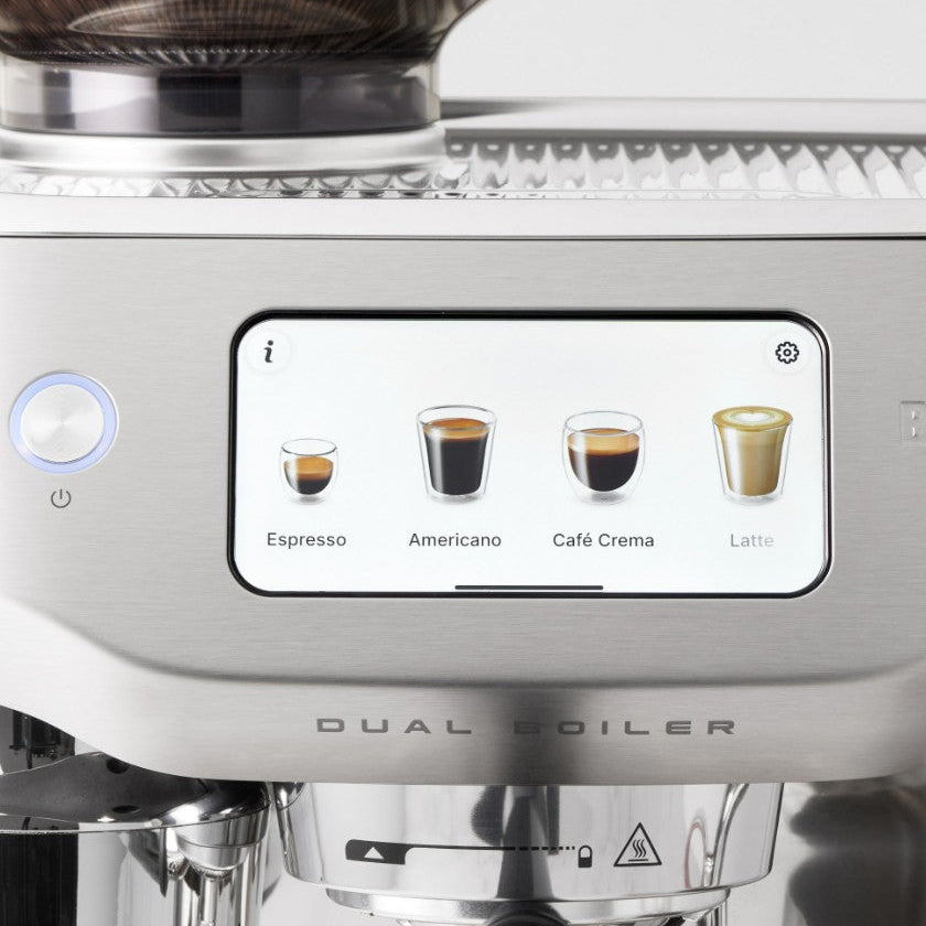 Coffee machine with digital display showing different coffee types on a white background