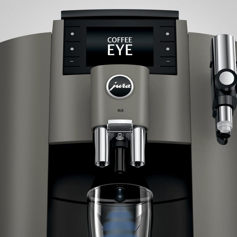 Jura coffee machine with 'Coffee Eye' display on a gray background