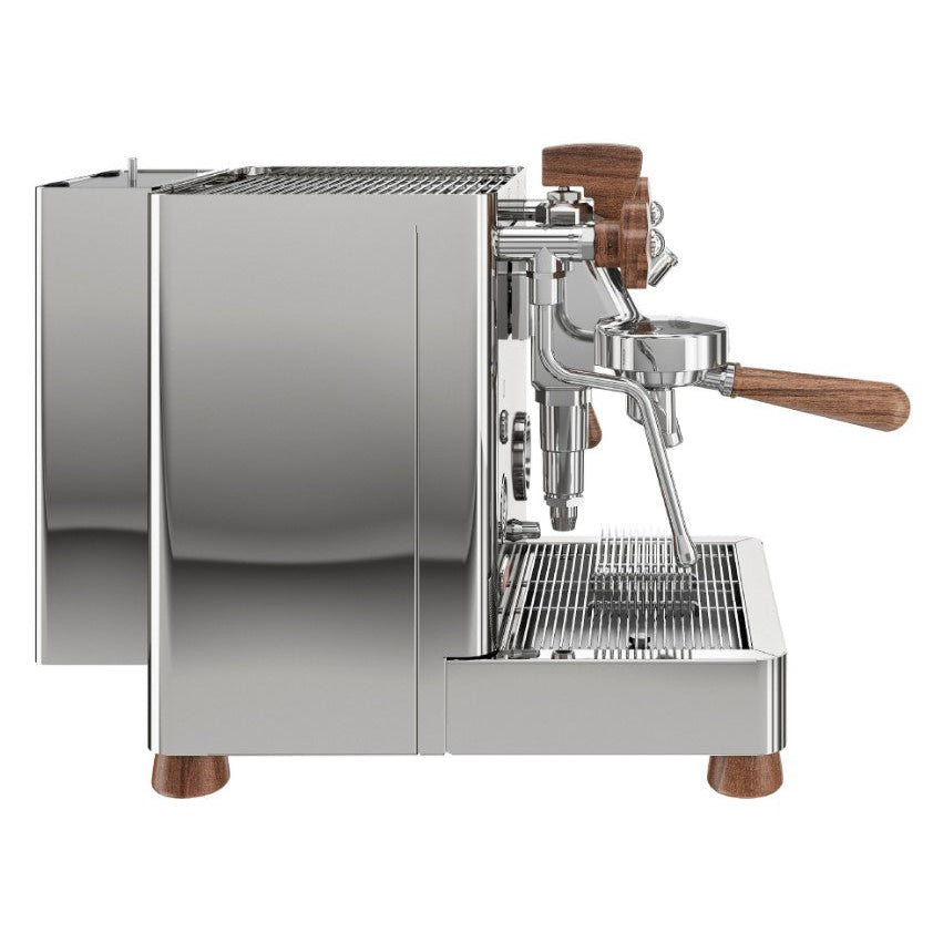 Stainless steel espresso machine with wooden handles on a white background