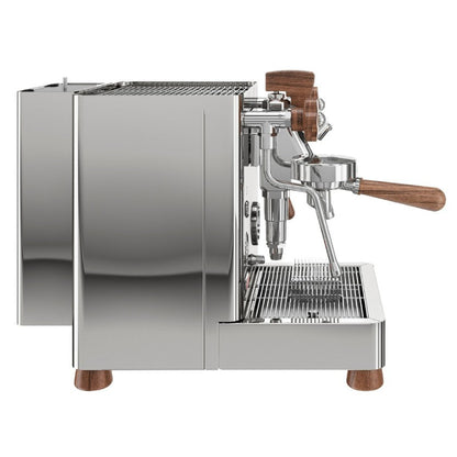 Stainless steel espresso machine with wooden handles on a white background