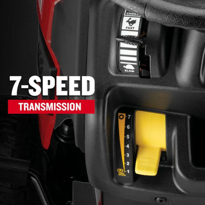 Close-up of a vehicle's gear shifter with a 7-speed transmission label.