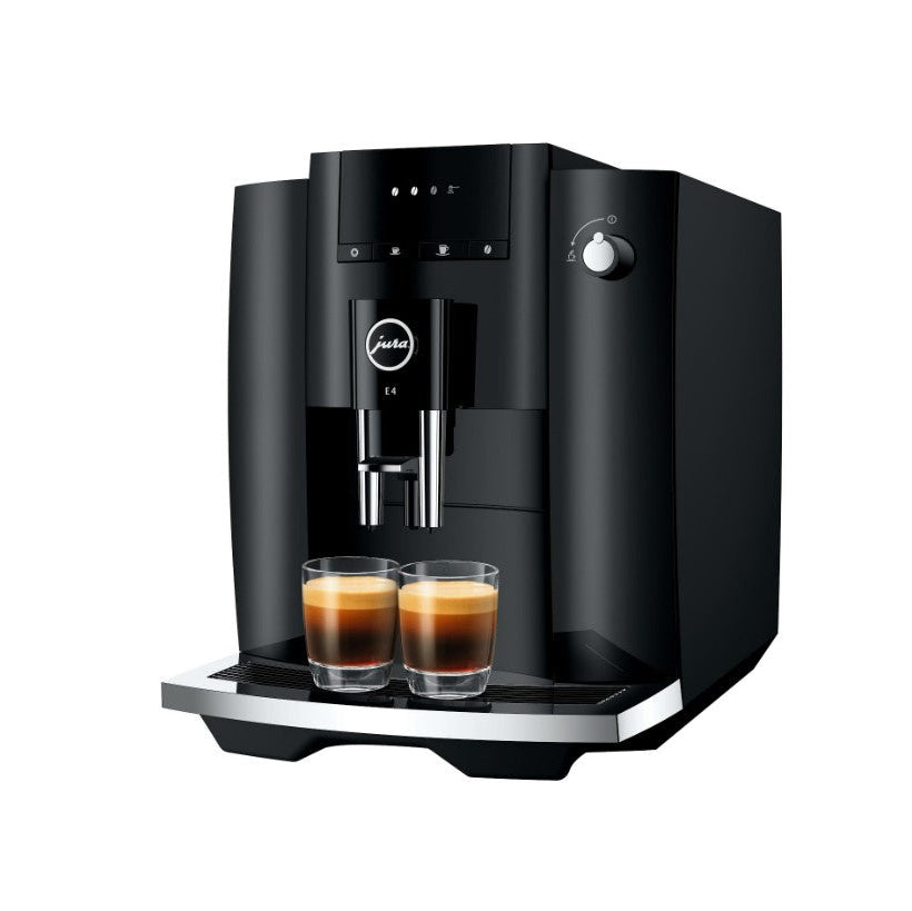 Black coffee machine with two glasses of coffee on a white background