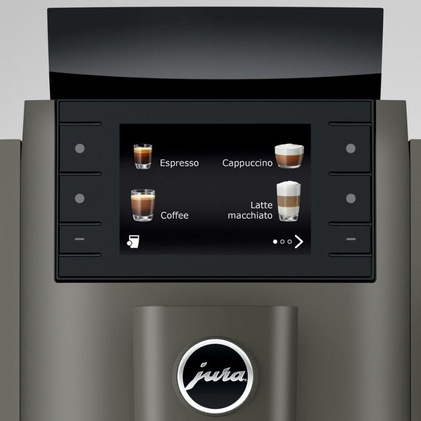 Jura coffee machine with touchscreen display showing coffee types.